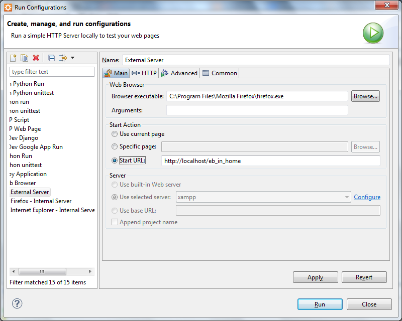 Aptana run configuration